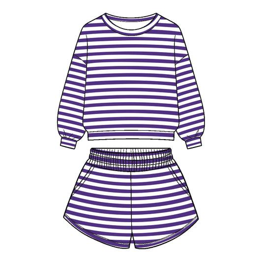 Preorder (moq 5)Baby Girls Long Sleeve Purple Stripe Top Pockets Short Clothes Set