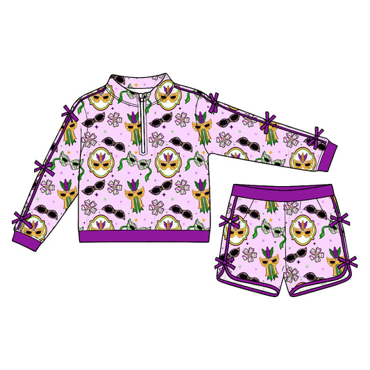Preorder (moq5) Baby Girls Bows Flowers Masks Zip Pullover Pockets Short Mardigras Set