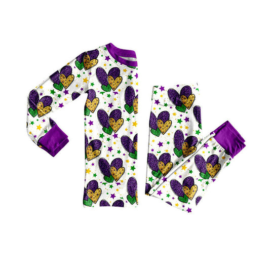 Preorder (moq 5)Baby Girls Purple Yellow Green Hearts Top Pants Mardigras Pajamas Sets
