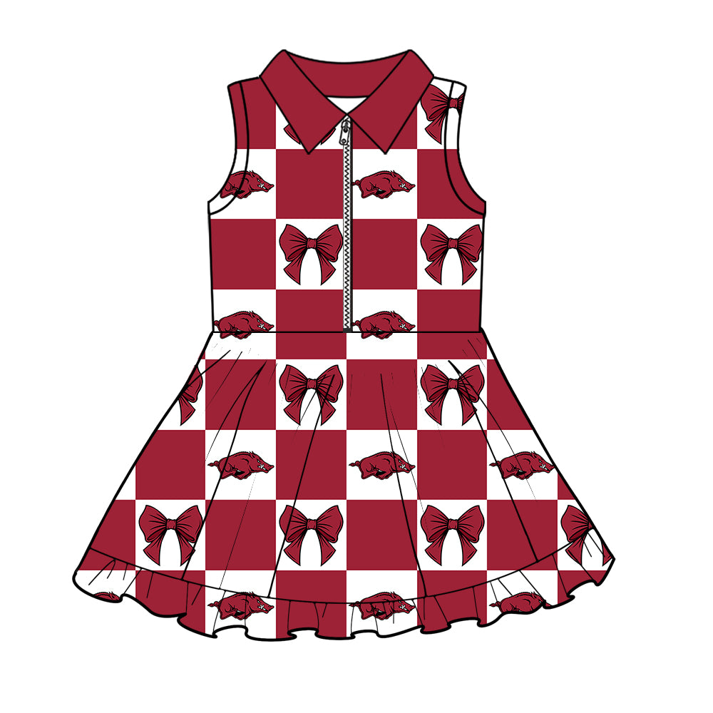 Preorder (moq 5)Baby Girls Red Bulls Bows Zipper Team Ruffle Shorts Knee Length Dresses