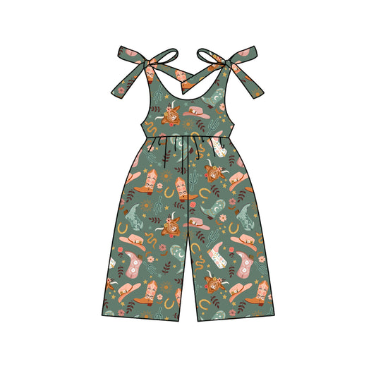 Preorder (moq 5)Baby Girls Green Strap Boots Highland Cows Jumpsuits