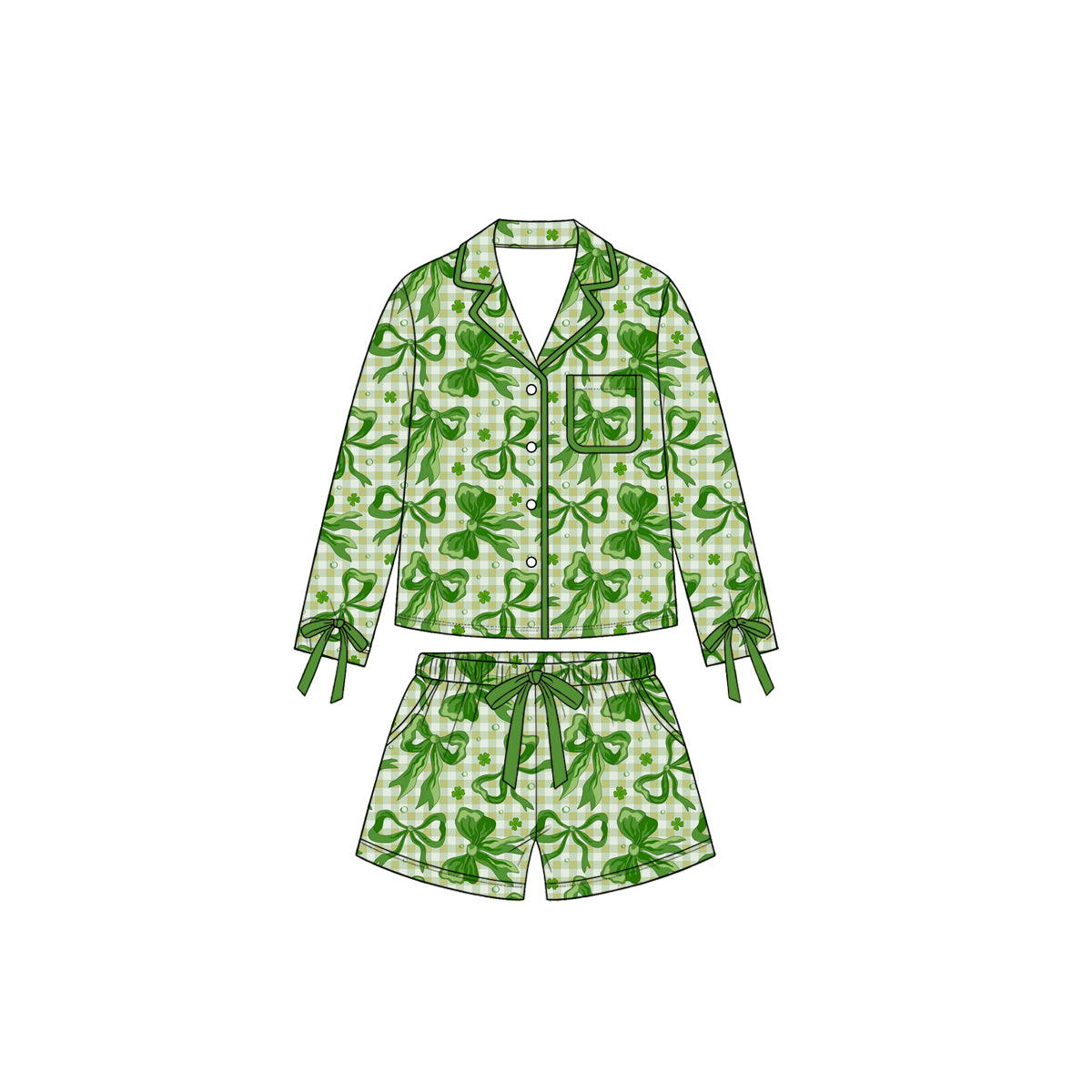 Pre-order(moq5)  Girls’  Green Long-Sleeve Collared Bow Top & Elastic-Waist Shorts Pajama Set