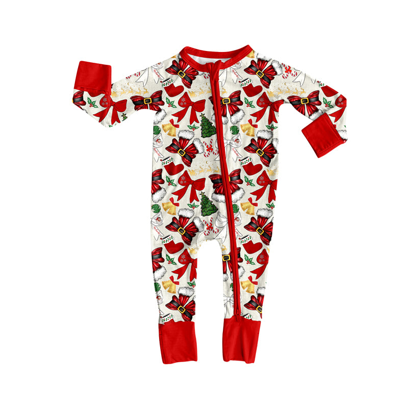 Preorder (moq 5)Baby Girls Long Sleeves Red Bows Holly Trees Plaid Zipper Romper