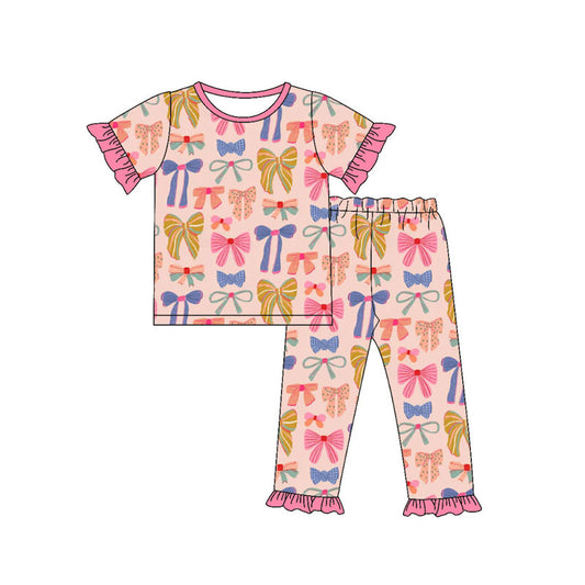 Preorder(moq 5) Baby Girls Short Ruffle Sleeve Colorful Bows Top Pants Pajamas Sets