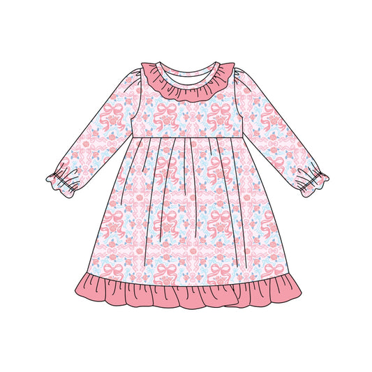 Preorder (moq 5)Baby Girls Pink Bows Floral Plaid Ruffle Knee Length Dresses