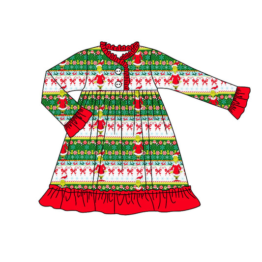 Preorder (moq 5)Baby Girls Long Ruffle Sleeves Cartoon Faces Stripes Button Knee Length Dress