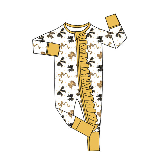 Preorder (moq 20)Baby Girls Bamboo Black Gold Bows Happy New Year Zippy Footie Rompers