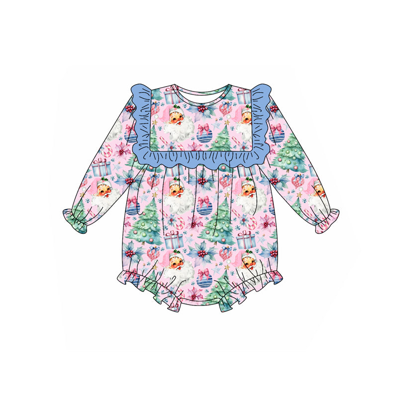 Preorder (moq 5)Baby Girls Blue Long Sleeves Santa Trees Flowers Plaid Ruffle Rompers