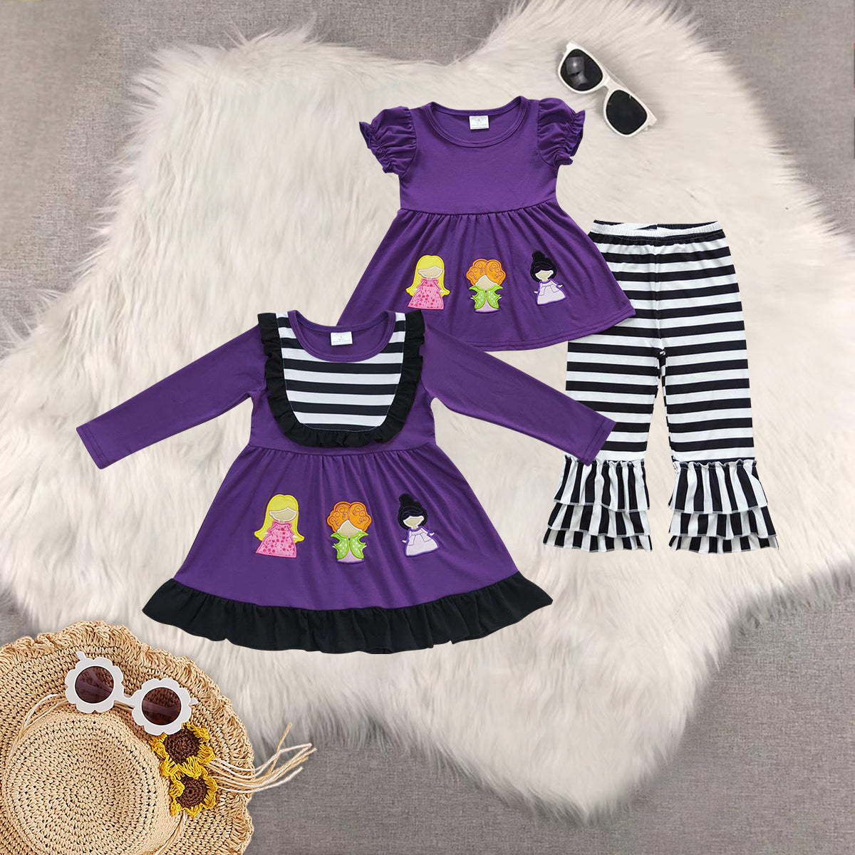 Sibling Baby Girls Purple Princess Tunic Stripe Bell Bottom Pant Set Dresses