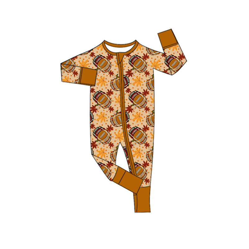 Preorder moq 5 Baby Infant Boys Long Sleeves Football Pumpkins Plaid Zipper Romper