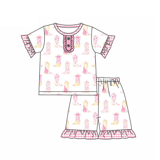 Preorder (moq 5)Baby Girls Pink Short Ruffle Sleeves Button Boots Top Short Set