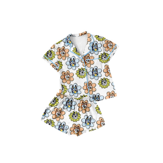Preorder (moq 5)Baby Girls Short Sleeves Cartoon Dogs Flowers Button Pocket Top Short Pajamas Set