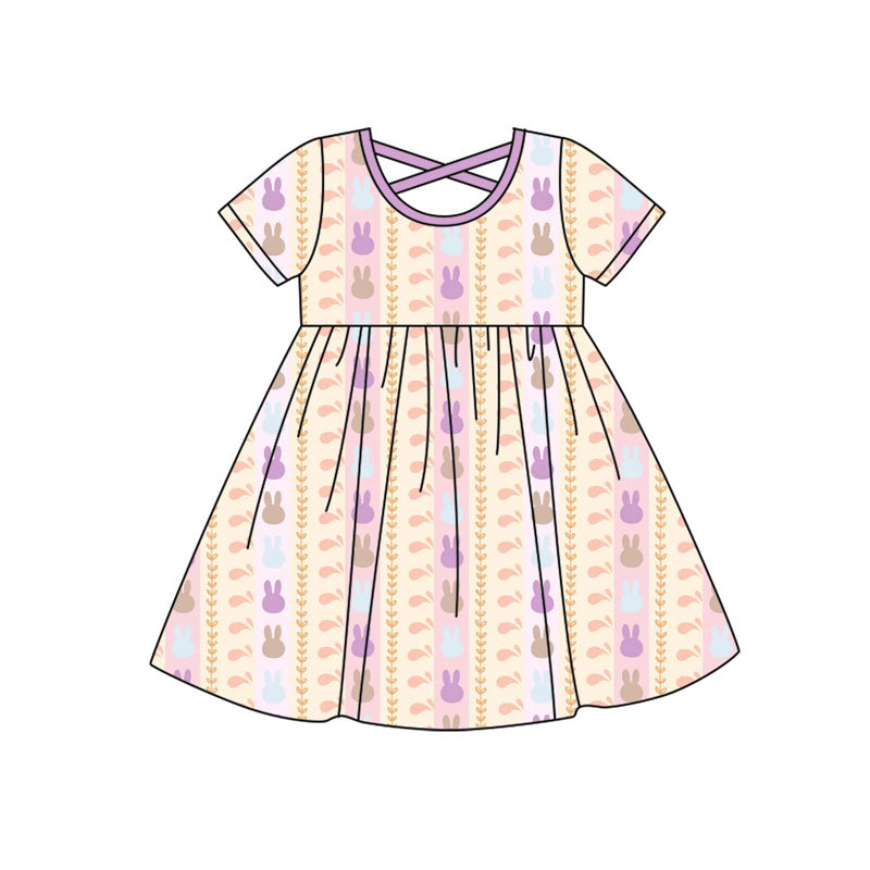 Preorder (moq 5)Baby Girls Rabbits Stripe Easter Knee Length Dresses