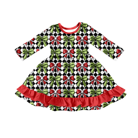 Preorder(moq 5) Baby Girls Long Sleeves Green Red Bows Plaid Ruffle Knee Length Dresses
