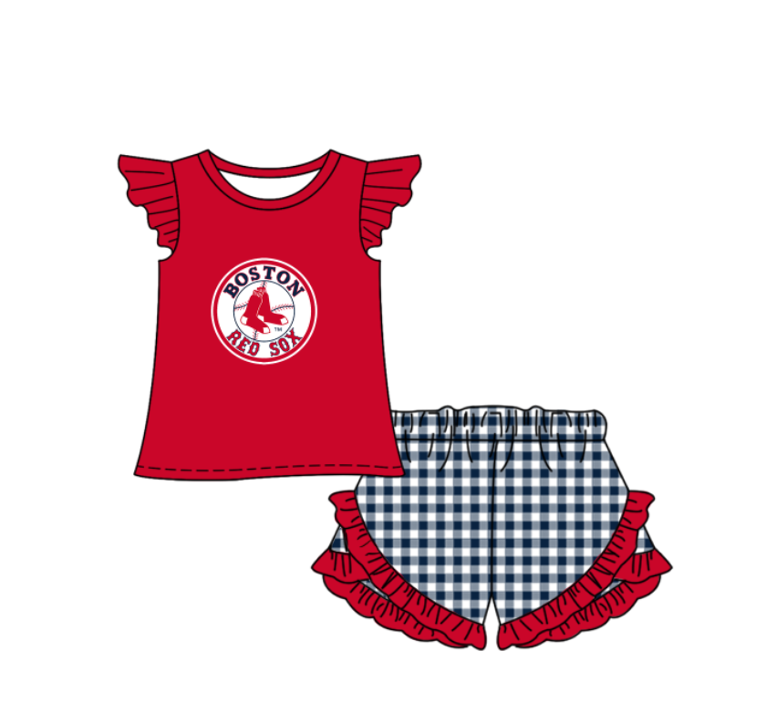 Preorder (moq 5)Baby Girls Boston Red Sox Top Checked Ruffle Short Team Clothes Set