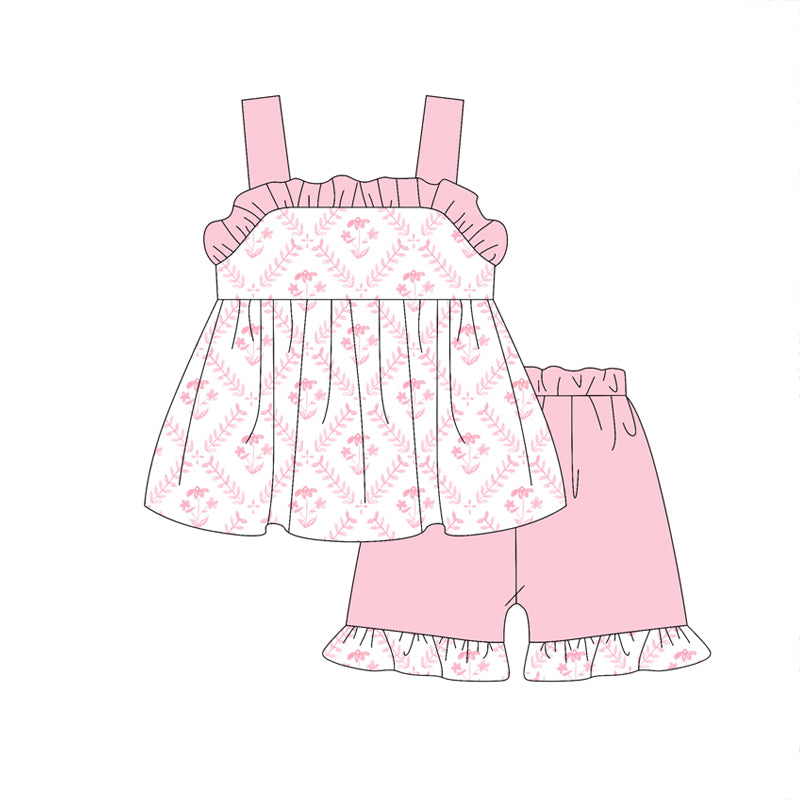 Preorder (moq 5)Baby Girls Pink Strap Floral Plaid Tunic Ruffle Short Set Preorder