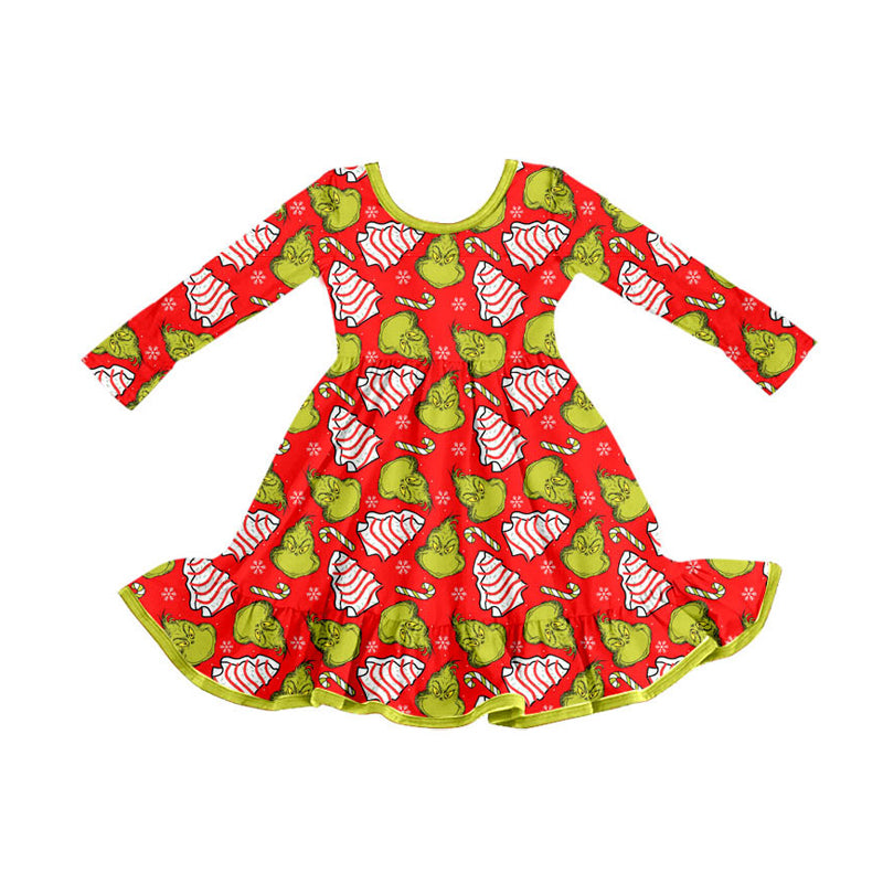 Preorder (moq 5)Baby Girls Green Face Candy Cane Christmas Ruffle Knee Length Dresses