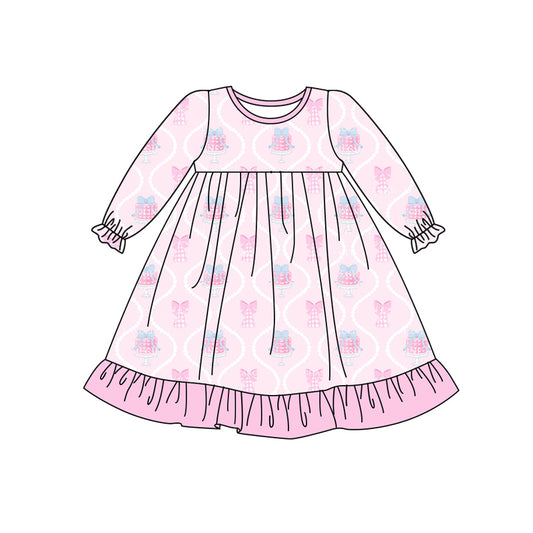 Preorder (moq 5)Baby Girls Pink Long Ruffle Sleeves Bows Gifts Plaid Knee Length Dresses