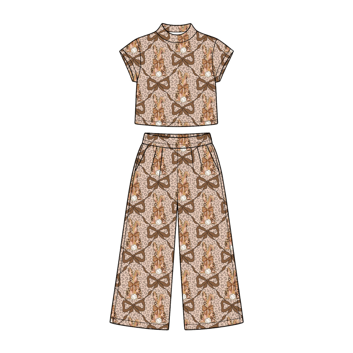 Preorder (moq 5) Baby Girl Clothes Leopard Bow Bunny Print Short Sleeve Wide Leg Pant Set