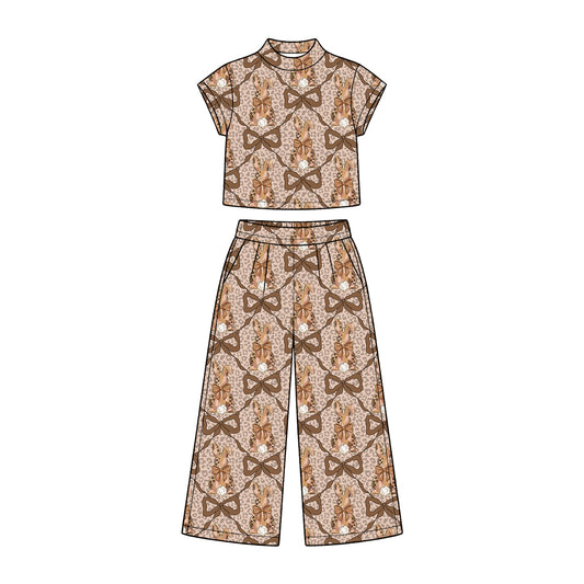 Preorder (moq 5) Baby Girl Clothes Leopard Bow Bunny Print Short Sleeve Wide Leg Pant Set