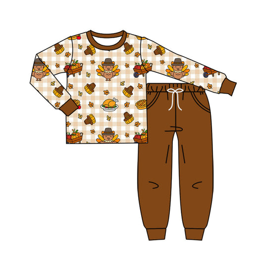 Preorder (moq 5)Baby Boys Turkey Pumpkins Checked Top Pockets Jogger Thanksgiving Clothes Set
