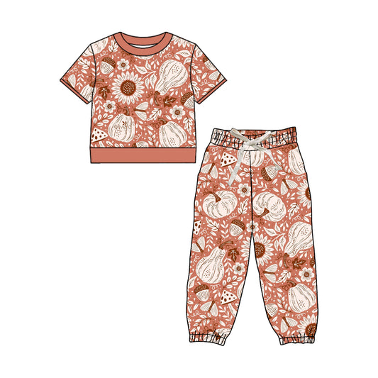 Preorder (moq 5)Baby Girls Short Sleeve Pumpkins Butterfly Top Jogger Pant Fall Clothes Sets