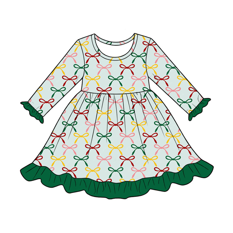 Preorder (moq 5)Baby Girls Long Sleeve Colorful Bows Plaid Ruffle Knee Length Dress