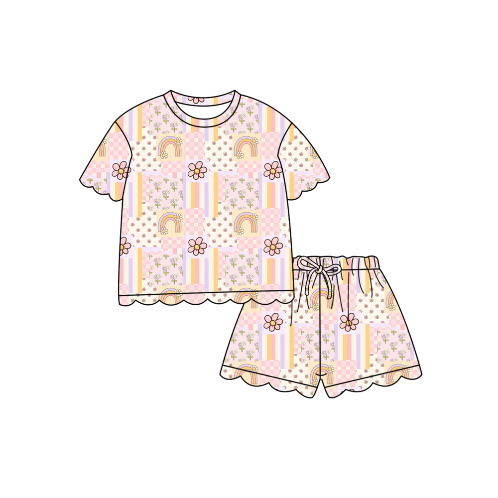 Preorder (moq 5)Baby Girls Flowers Rainbows Checked Top Scallop Shorts Clothes Sets