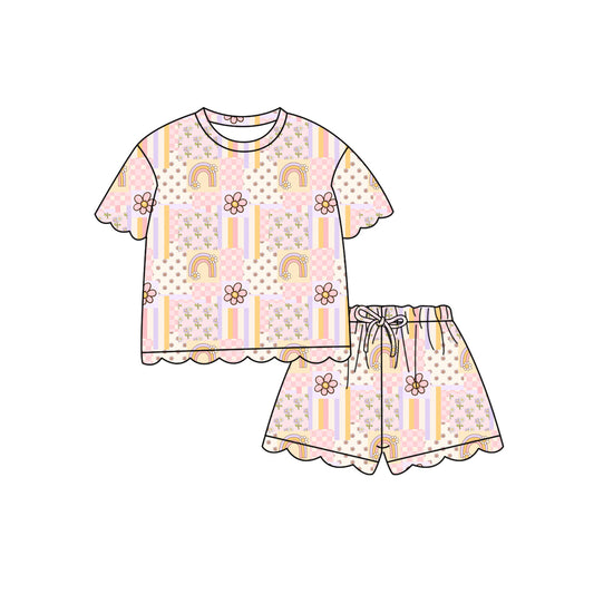 Preorder (moq 5)Baby Girls Flowers Rainbows Checked Top Scallop Shorts Clothes Sets