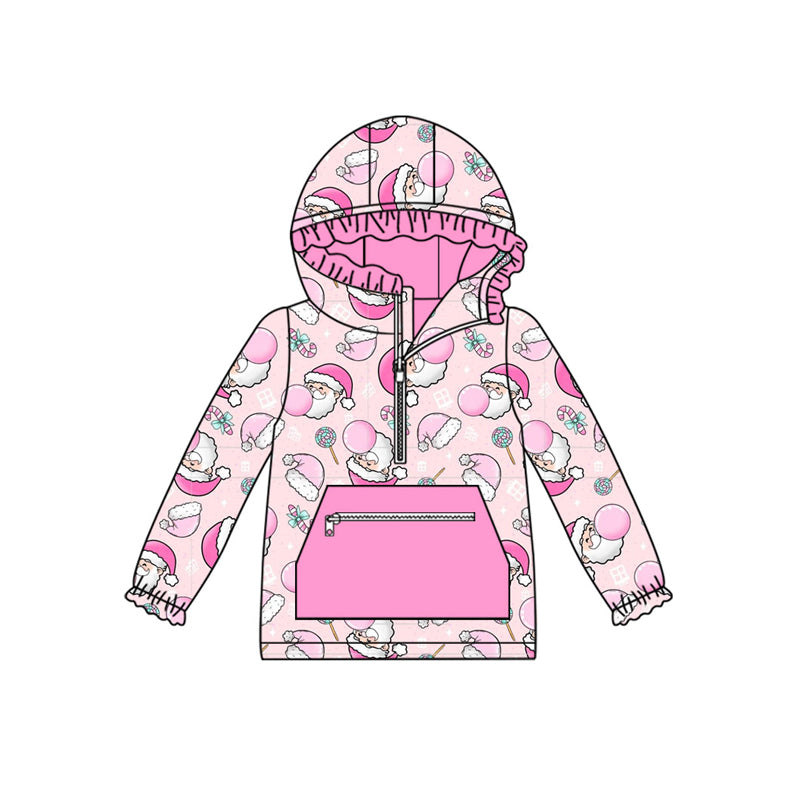 Preorder (moq 5)Baby Girls Pink Santa Candy Cane Christmas Zipper Pocket Ruffle Hooded Tops