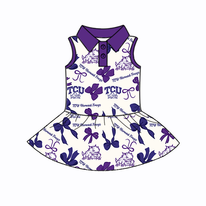 Preorder (moq 5)Baby Girls Purple Sleeveless TCU Bows Plaid Button Team Knee Length Dresses
