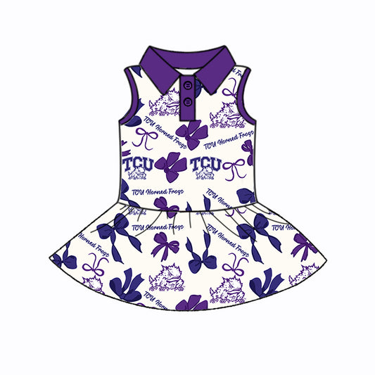 Preorder (moq 5)Baby Girls Purple Sleeveless TCU Bows Plaid Button Team Knee Length Dresses