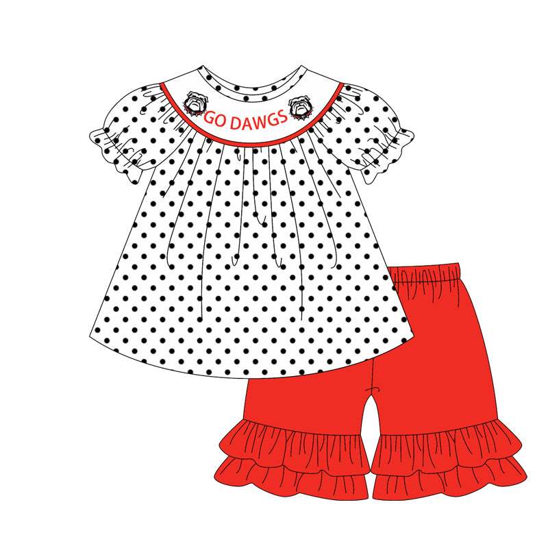Preorder (moq 5)Baby Girls Go Dawgs Team Tunic Top Ruffle Shorts Clothes Sets