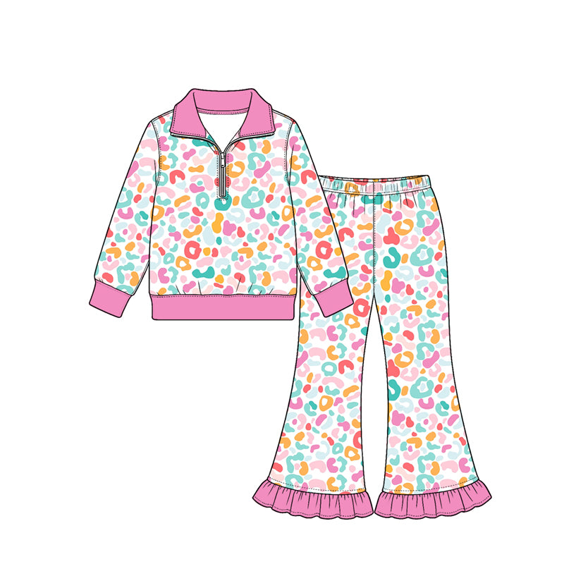 Preorder (moq 5) Baby Girl Clothes Rainbow Bright Leopard Print Long Sleeve Half Zip Top Ruffle Flare Pant Set