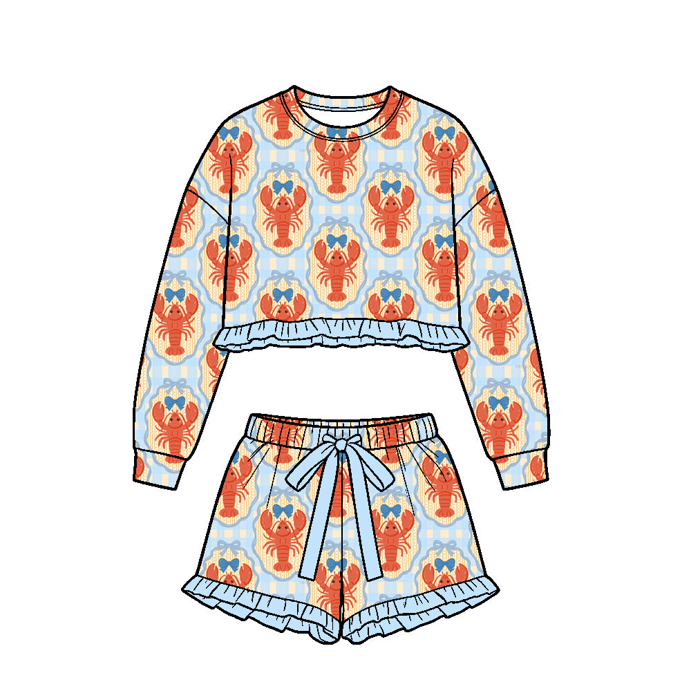 Preorder (moq 5) Girls Crawfish Blue Bow Gingham Print Long Sleeve Crop Top Ruffle Shorts Boutique Outfits Clothes Sets