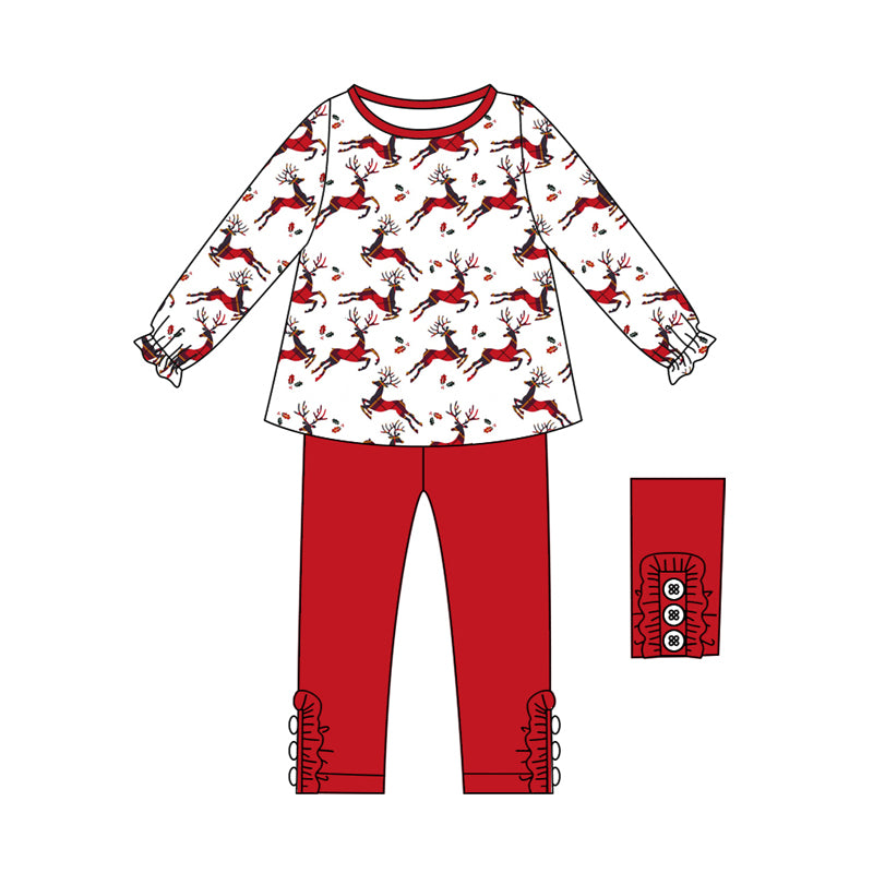 Preorder (moq 5)Baby Girls Long Sleeves Holly Deer Plaid Tunic Legging Pant Clothes Set