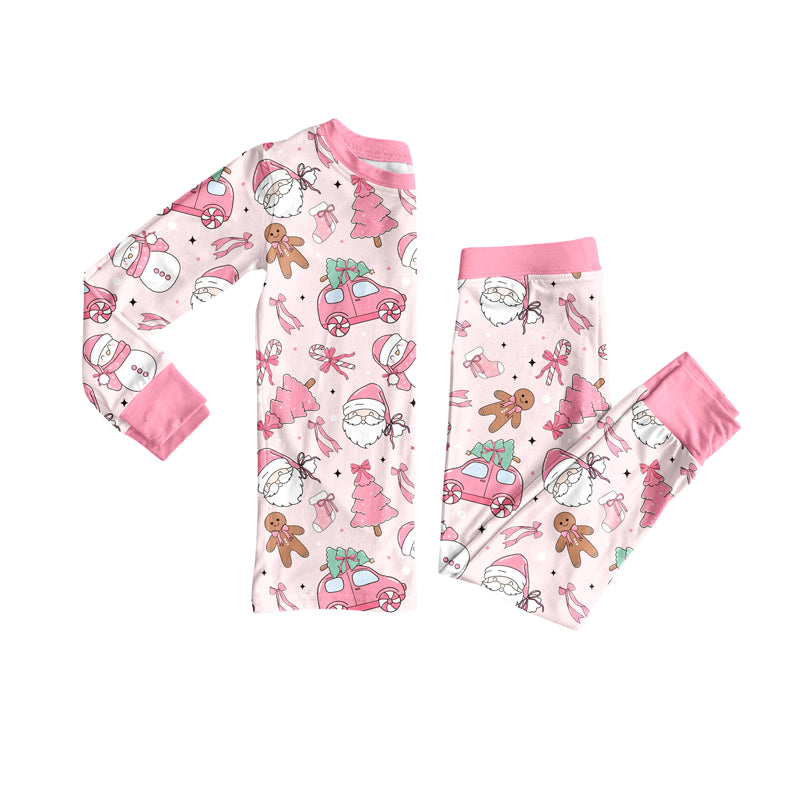 Preorder (moq 5)Baby Girls Long Sleeves Pink Santa Cars Top Pant Pajamas Sets