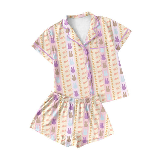 Preorder (moq 5)Baby Girls Rabbits Stripe Button Pocket Top Shorts Easter Pajamas Sets