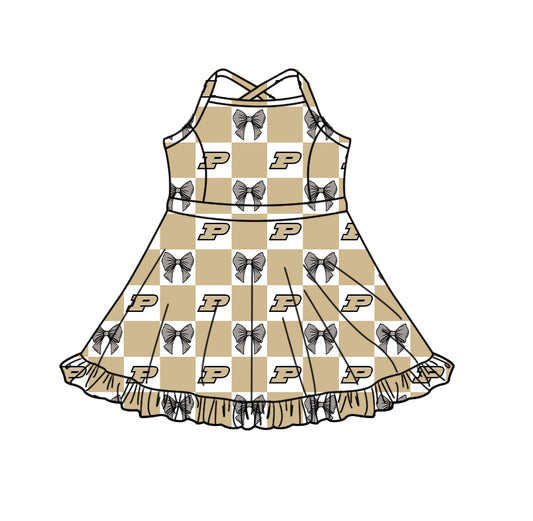 Preorder (moq 5) Baby Girls Strap Bows Purdue Checked Team Short Knee Length Dress