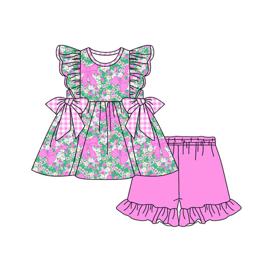 Preorder moq 5 Baby Girls Flutter Sleeves Pink Bows Floral Tunic Ruffle Short Set