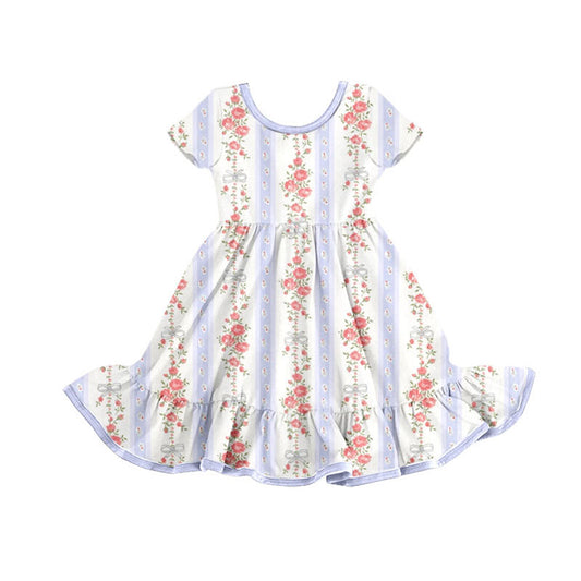 Preorder(moq 5) Baby Girls Lavender Flowers Bows Stripe Ruffle Knee Length Dresses