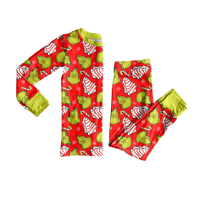 Preorder (moq 5)Baby Boys Green Face Candy Cane Top Pants Christmas Pajamas Set