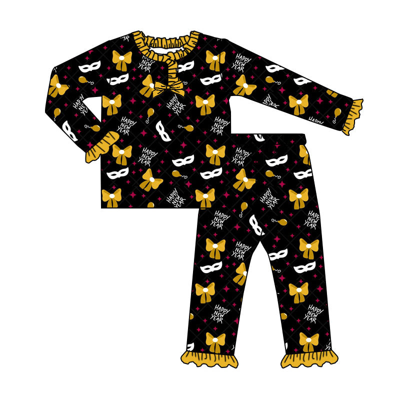 Preorder (moq 20)Baby Girls Bamboo Bows Glasses Happy New Year Pajamas Sets