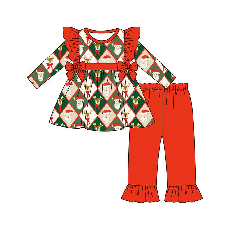 Preorder (moq 5)Baby Girls Long Sleeves Santa Deer Plaid Bows Tunic Red Ruffle Pant Set