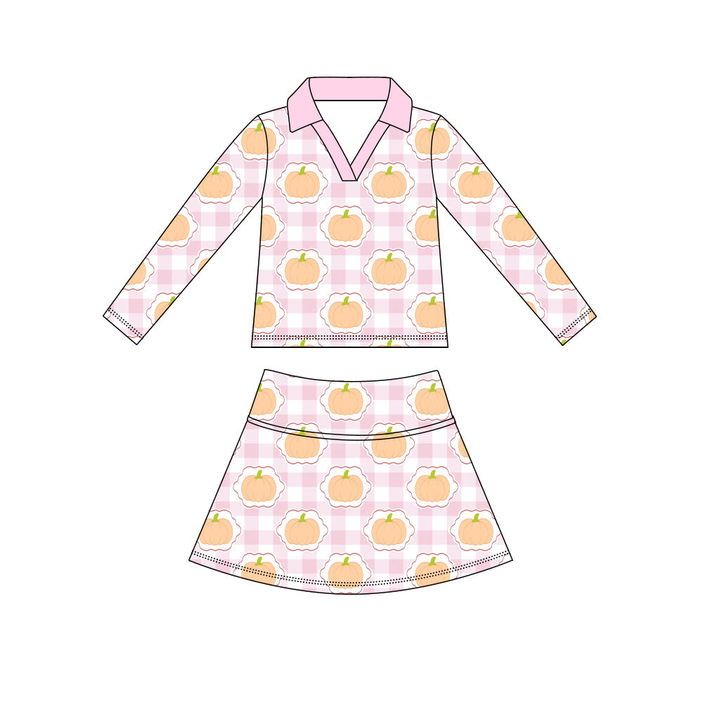 Preorder (moq 5)Baby Girls Pink Checked Pumpkins Top Skirt Shorts Fall Clothes Sets