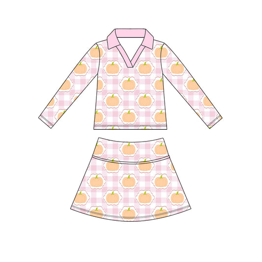 Preorder (moq 5)Baby Girls Pink Checked Pumpkins Top Skirt Shorts Fall Clothes Sets