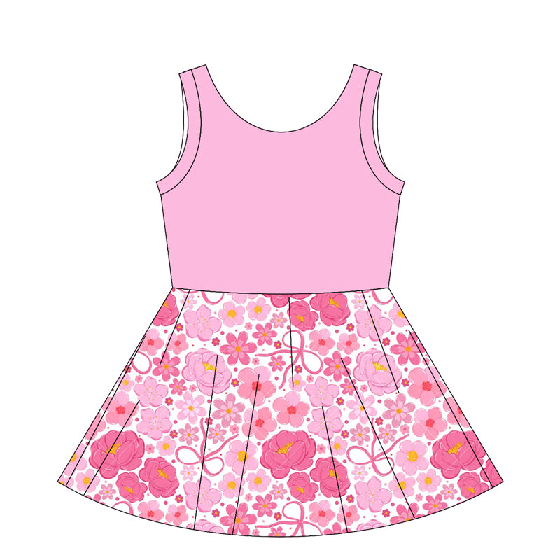 Preorder moq 10 Baby Girls Pink Sleeveless Top Bows Flowers Patchwork Knee Length Dresses