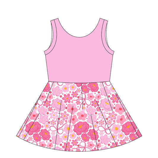 Preorder moq 10 Baby Girls Pink Sleeveless Top Bows Flowers Patchwork Knee Length Dresses