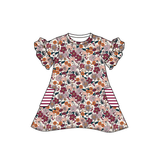 Preorder (moq 5)Baby Girls Short Ruffle Sleeve Colorful Flowers Pockets Knee Length Dress