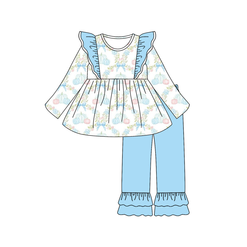 Preorder (moq 5)Baby Girls Long Sleeves Bows Pumpkins Plaid Tunic Blue Ruffle Pant Set